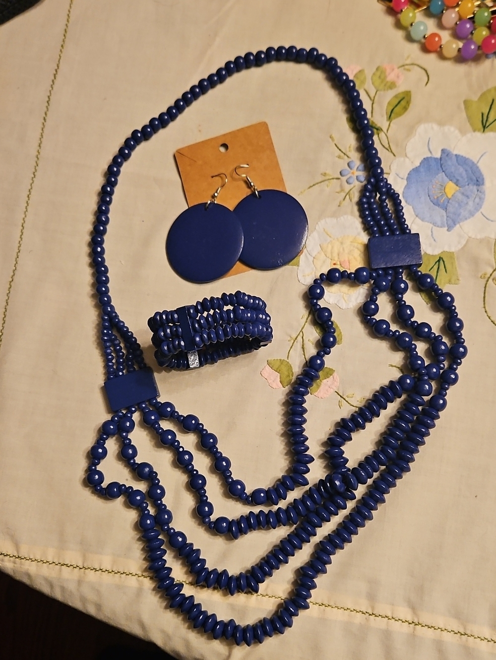 Boho Bold Royal Blue Wood Beaded Necklace Set with Earrings and Bracelet